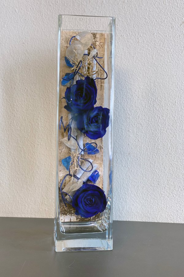 Rose blu stabilizzate in vetro
