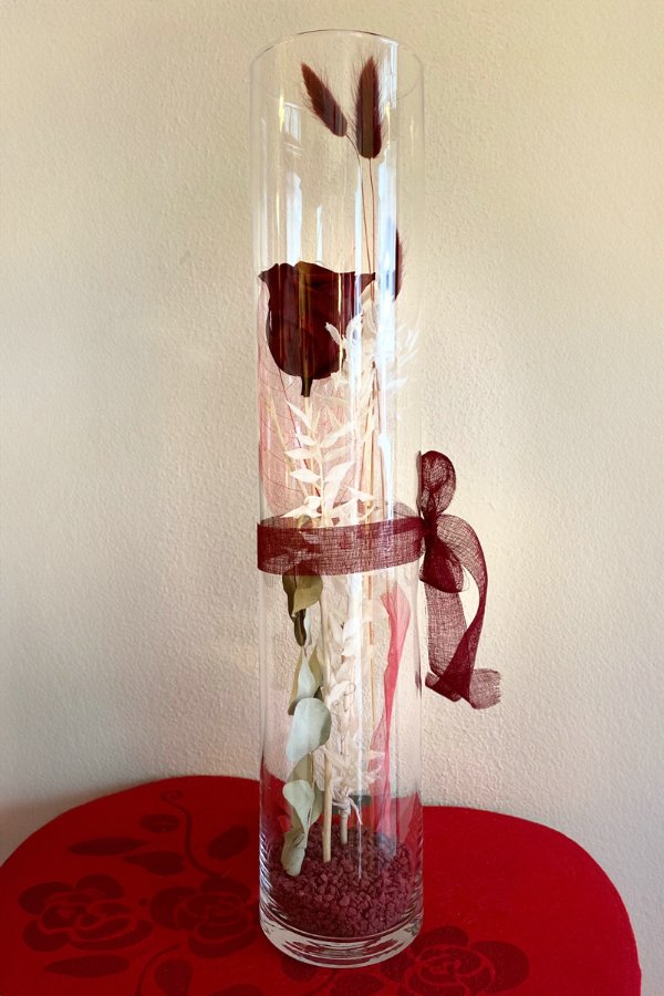 Cilindro in vetro (h cm50, dm 10cm) con rosa stabilizzata