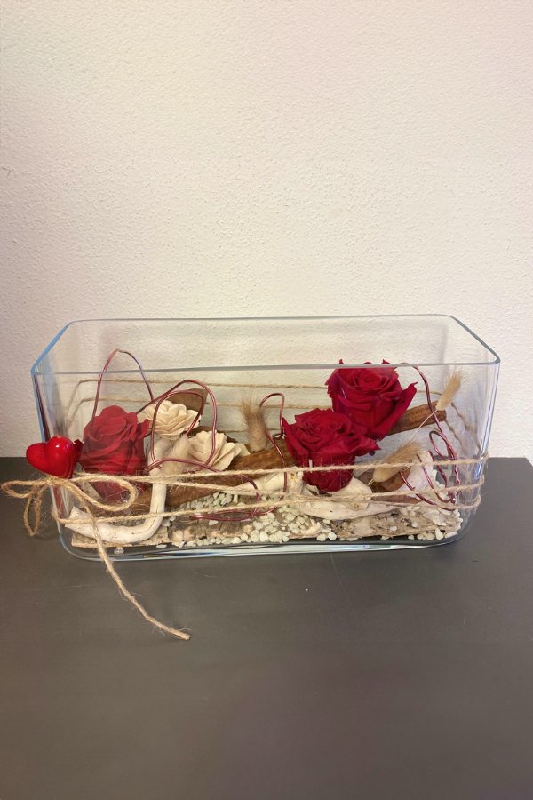 Vaso in vetro con 3 rose stabilizzate (cm 30x15, larg 10)
